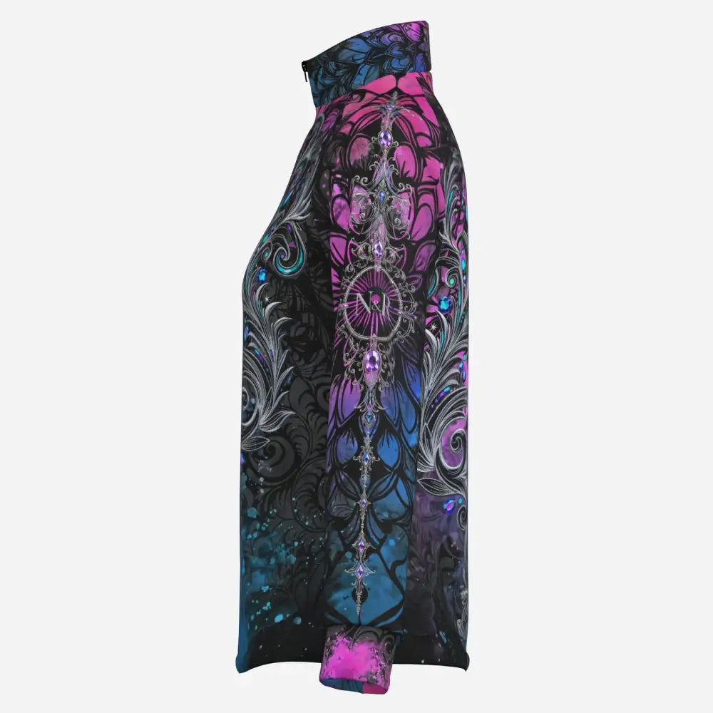 A vibrant jewel-toned long-sleeved performance equestrian sun shirt with upf50 plus and a high neck in flowing fabric