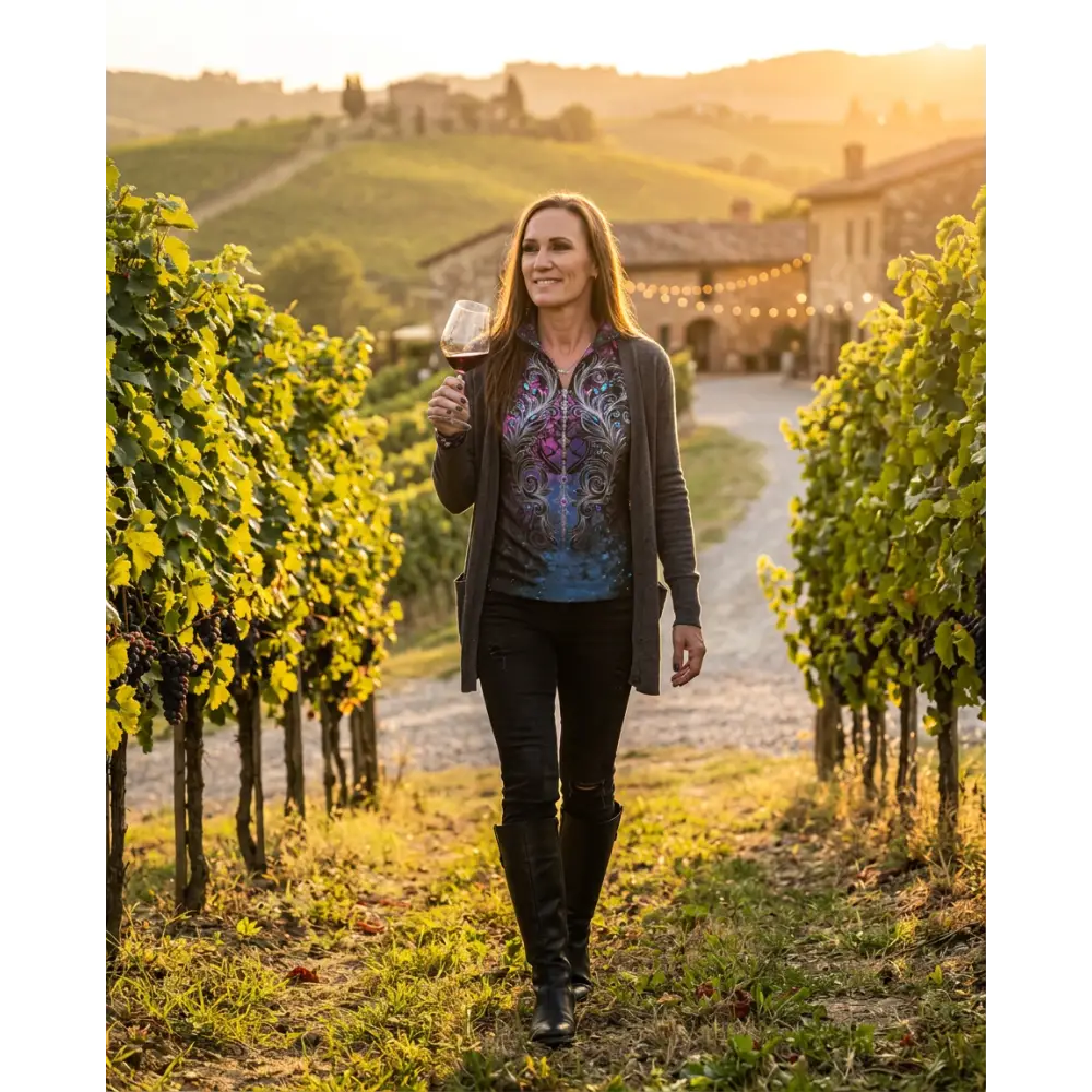 A woman holds a clear wine glass filled with red wine wearing a midnight radiance performance equestrian sun shirt upf50+