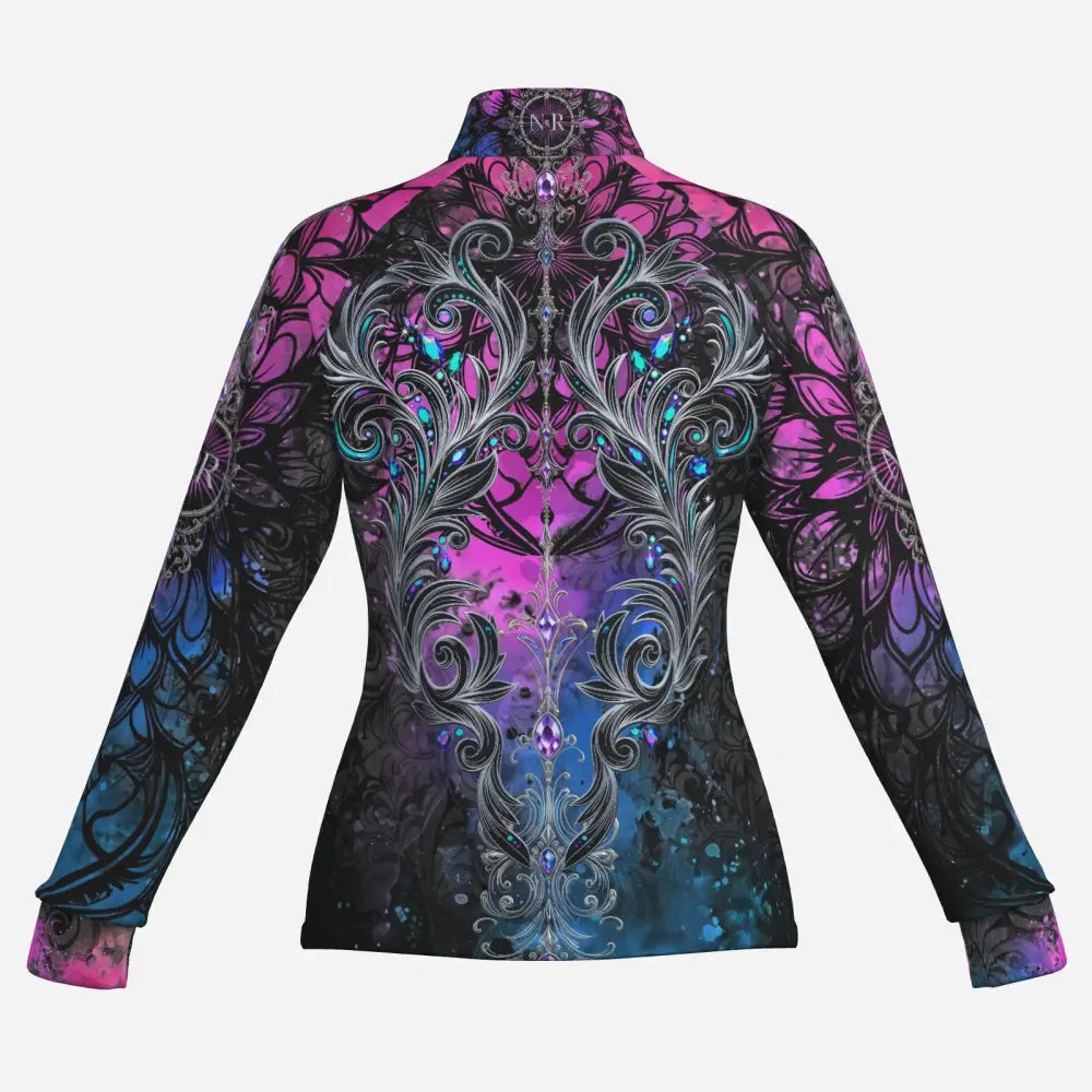 A vibrant midnight radiance long-sleeved performance equestrian sun shirt with silver patterns and blue gem accents