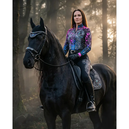 A woman rides a black horse wearing a midnight radiance performance equestrian sun shirt with vibrant purple and blue patterns and UPF50+ protection