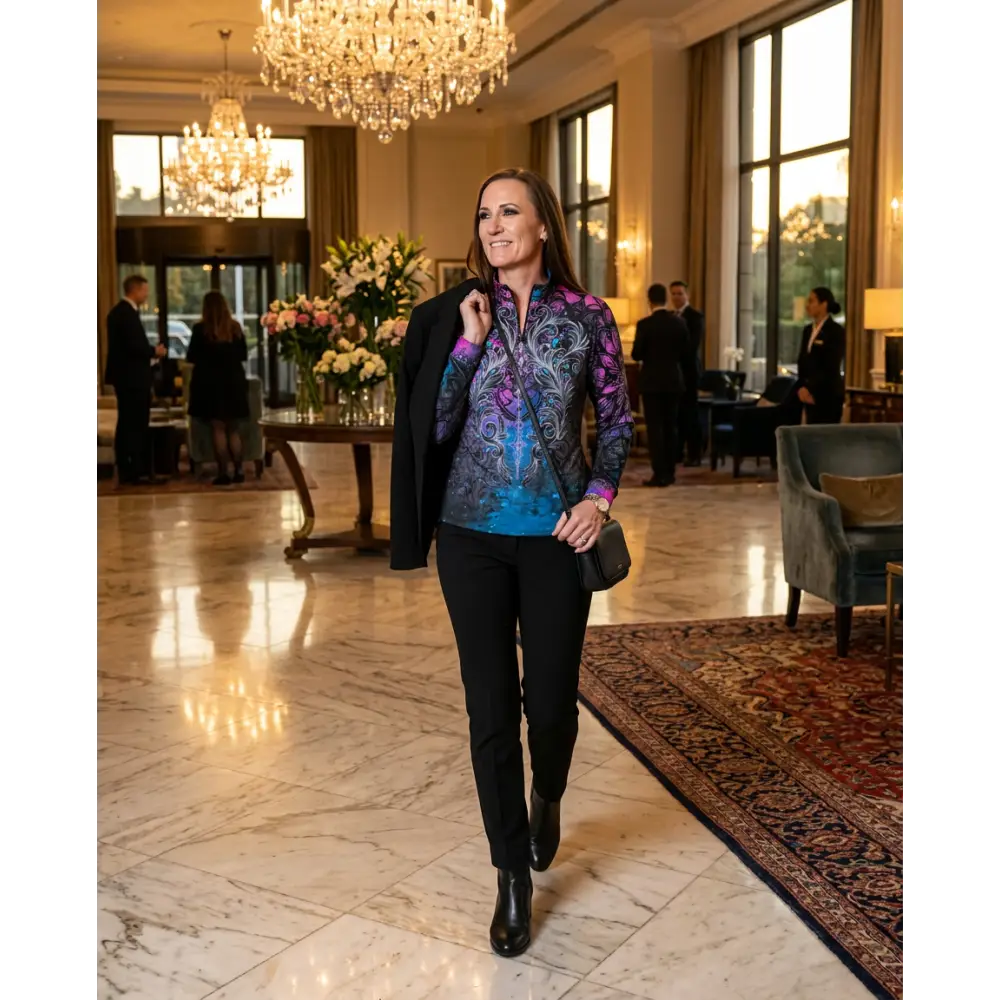 Woman wearing a vibrant midnight radiance performance equestrian sun shirt in purple and blue with upf50 plus protection