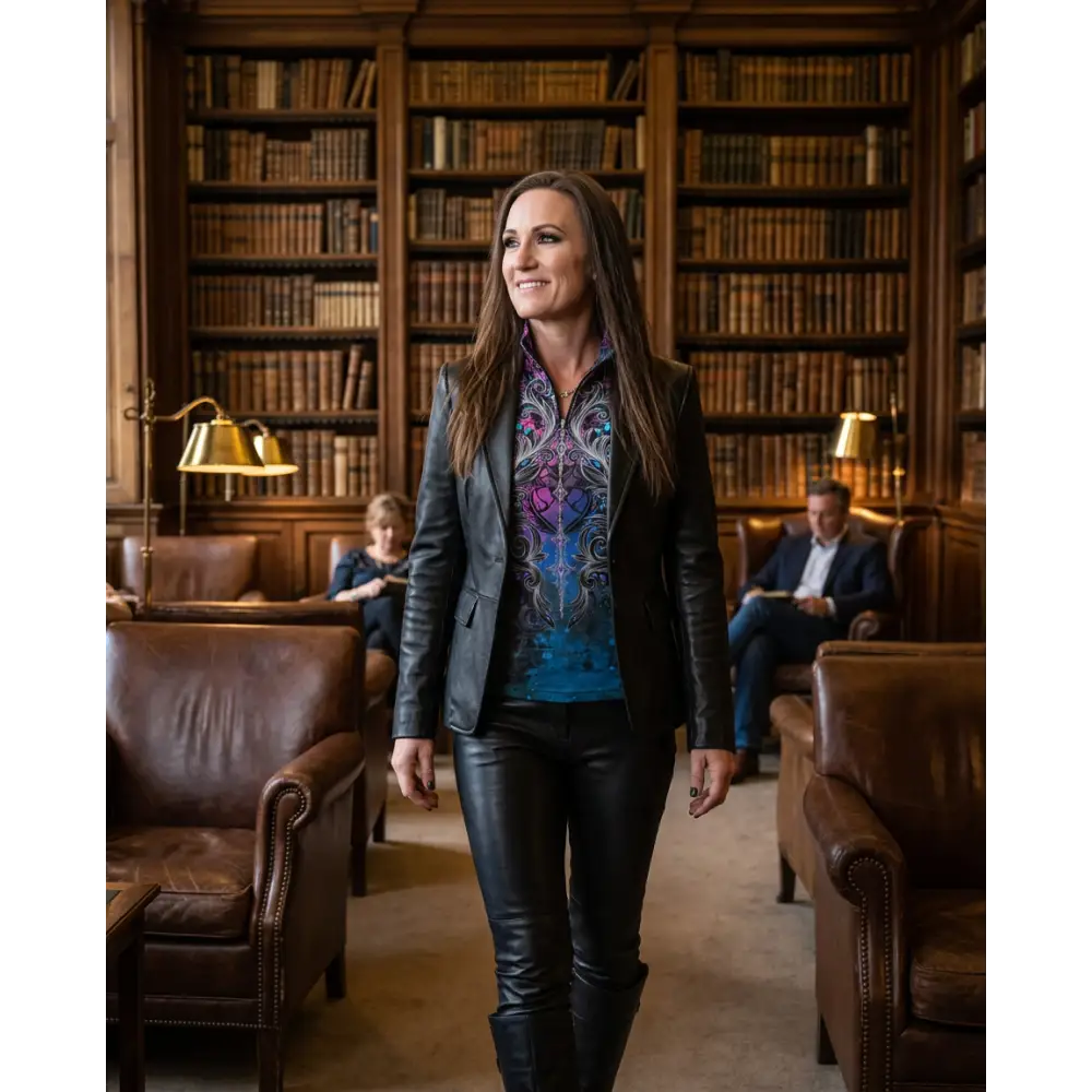 Black leather blazer paired with vibrant patterned inner shirt showcasing midnight radiance sun shirt upf50+ features