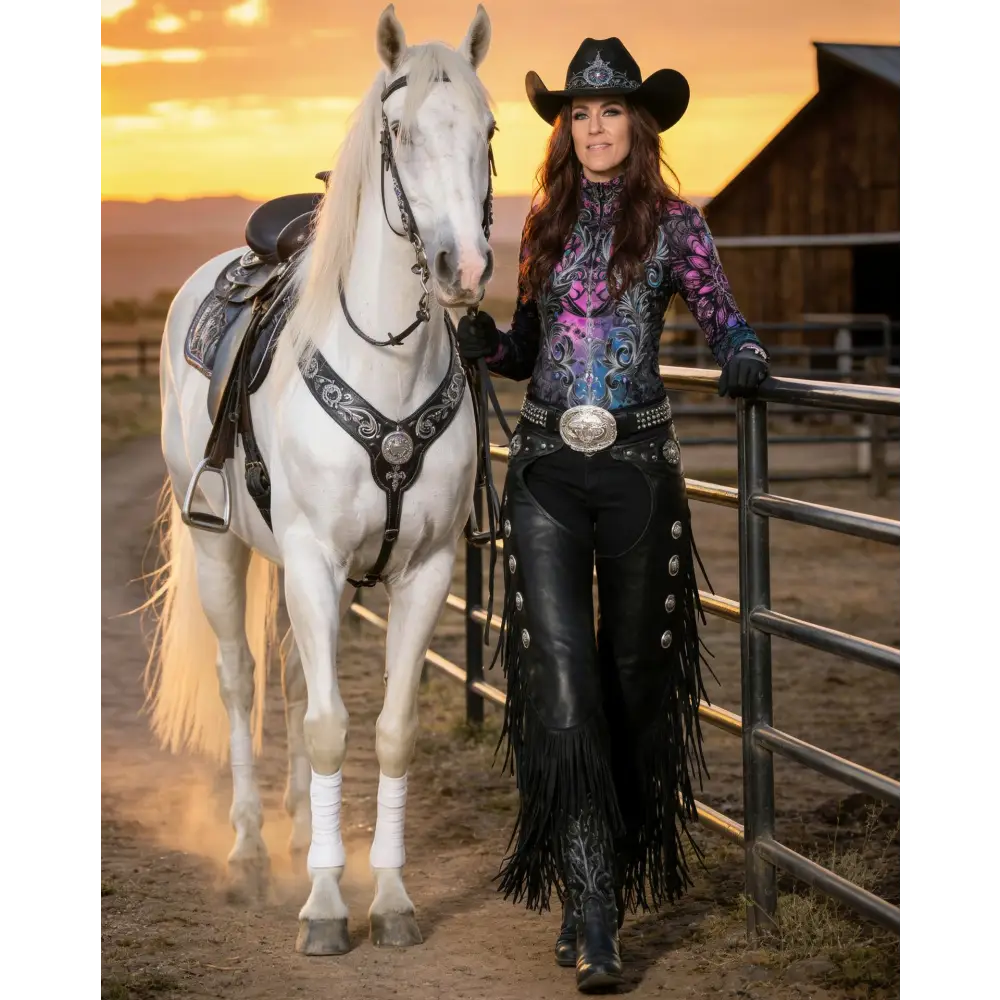 A woman wearing a vibrant purple and blue patterned long-sleeved midnight radiance performance equestrian sun shirt upf50+ stands beside a white horse