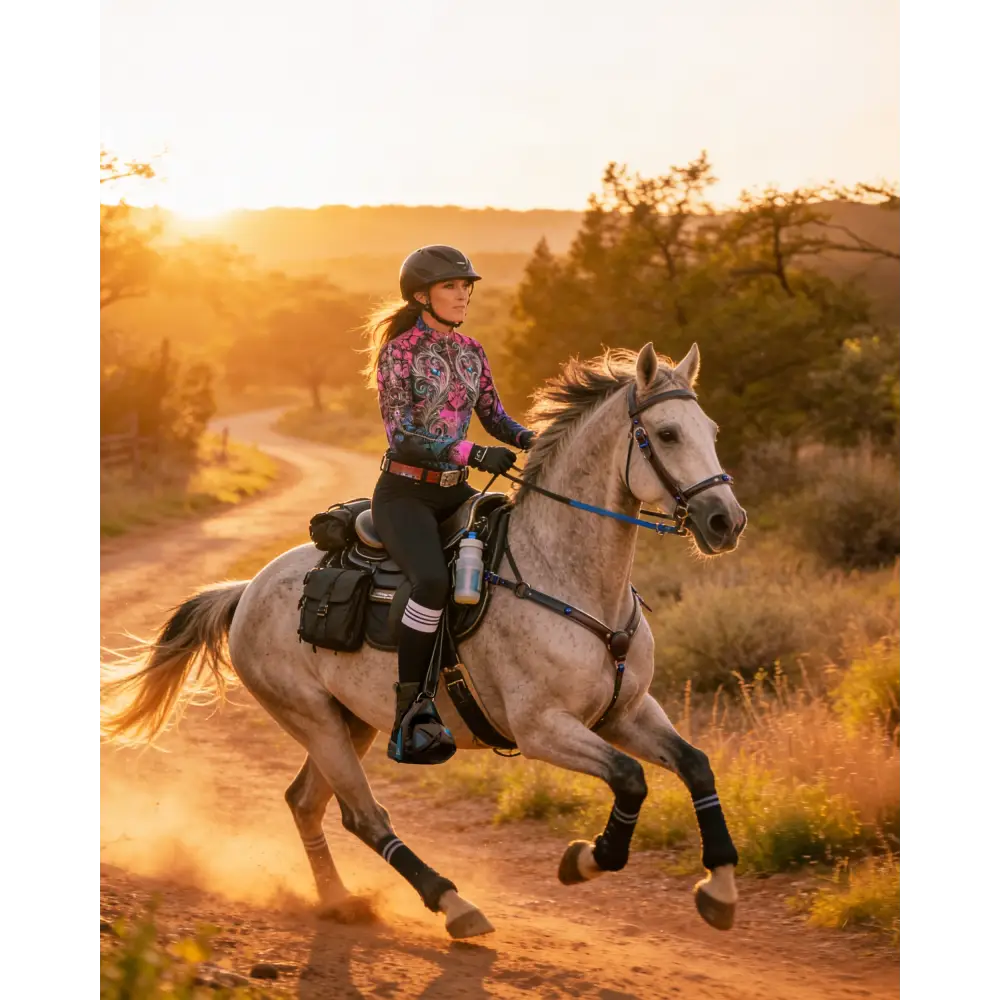 A rider wearing a vibrant paisley midnight radiance performance equestrian sun shirt UPF50 plus gallops on a gray horse