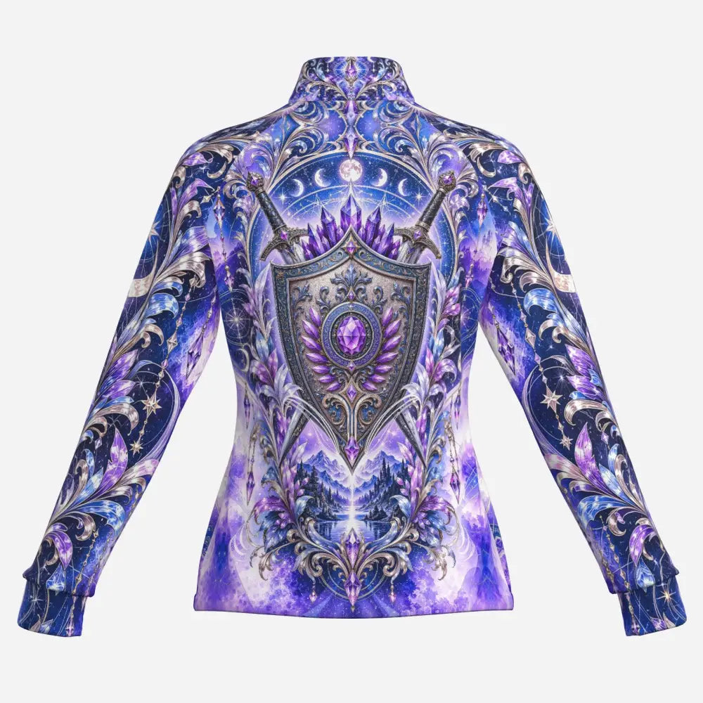 Long-sleeved moonspire dominion equestrian sun shirt in purple and blue with fiery horse and phoenix print shield design