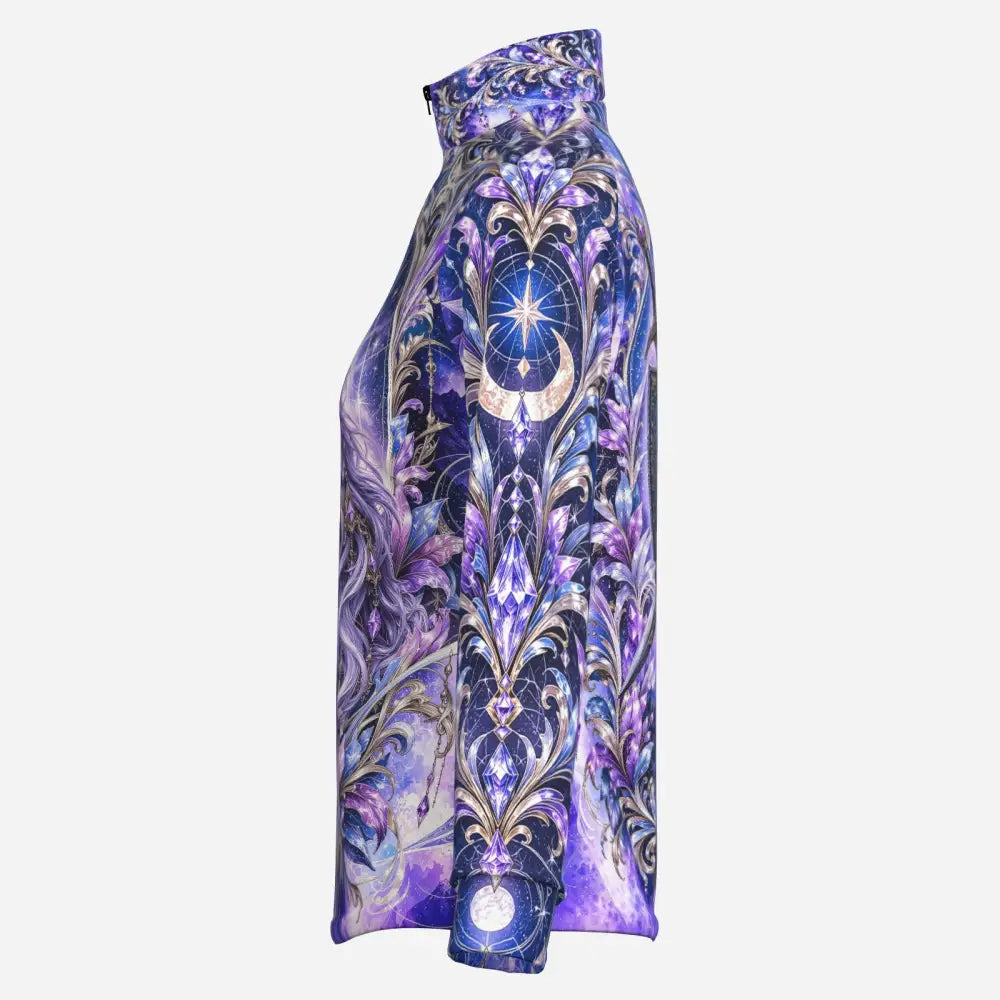 A vibrant purple and blue moonspire dominion long-sleeve sun shirt with fiery horse and phoenix print and ornate gold details
