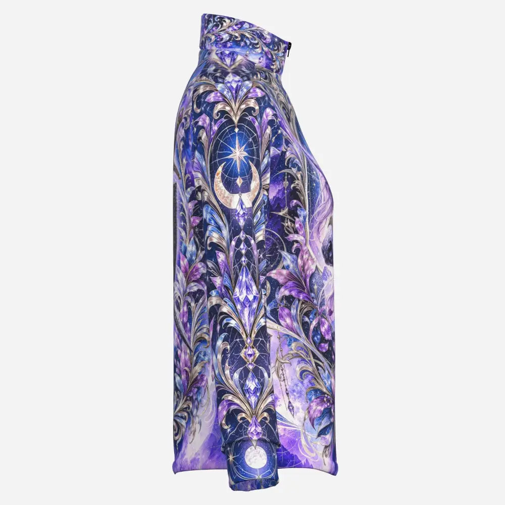 Moonspire dominion fiery horse and phoenix print upf50+ equestrian sun shirt in deep purple with celestial gold detailing