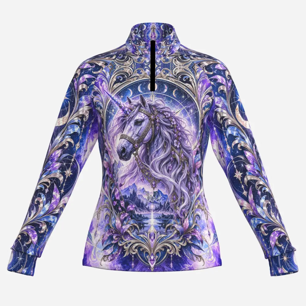 Long-sleeved high-neck zip-up top in vibrant purple and blue with ornate unicorn fiery horse and phoenix print from moonspire dominion