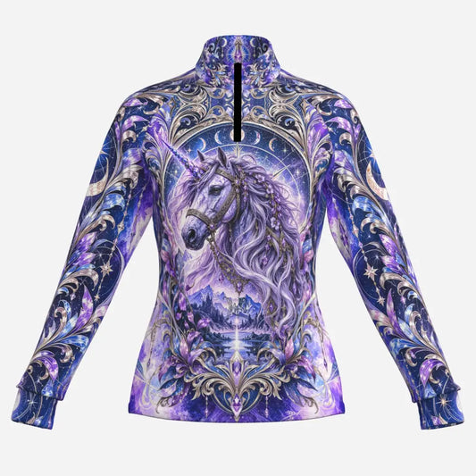 Long-sleeved high-neck zip-up top in vibrant purple and blue with ornate unicorn fiery horse and phoenix print from moonspire dominion