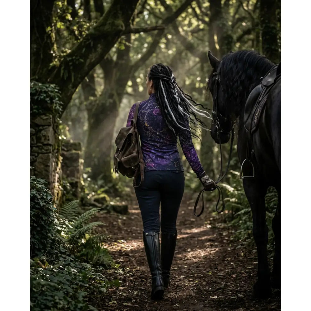 A woman with long braided dreadlocks wearing a purple and black moonthorn nocturne equestrian sun shirt walks away