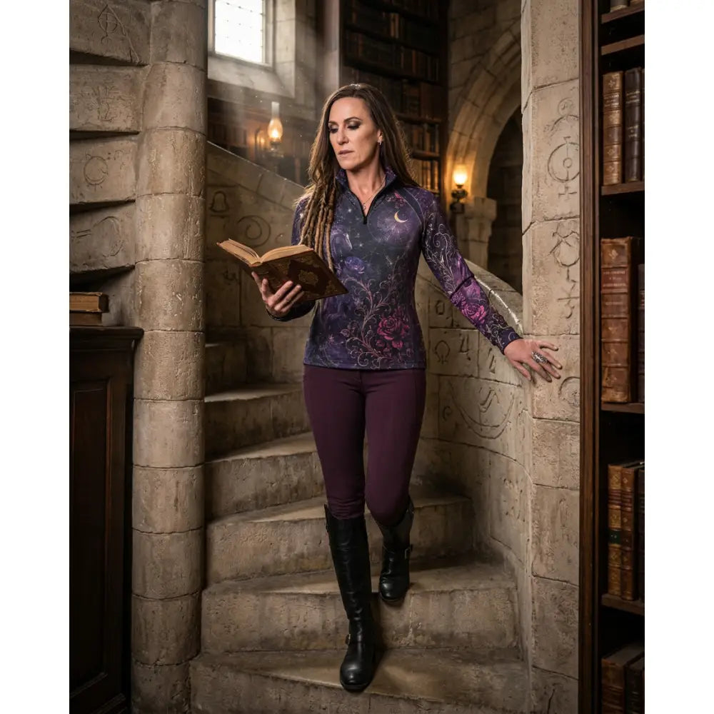 A woman wearing the moonthorn nocturne equestrian sun shirt by karen reinertson with celestial horse and rose print
