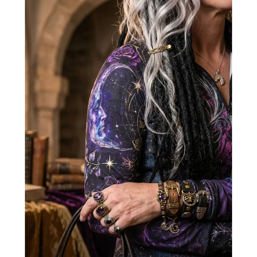 Purple and black long-sleeved equestrian sun shirt with celestial moon face stars and floral design moonthorn nocturne by karen reinertson