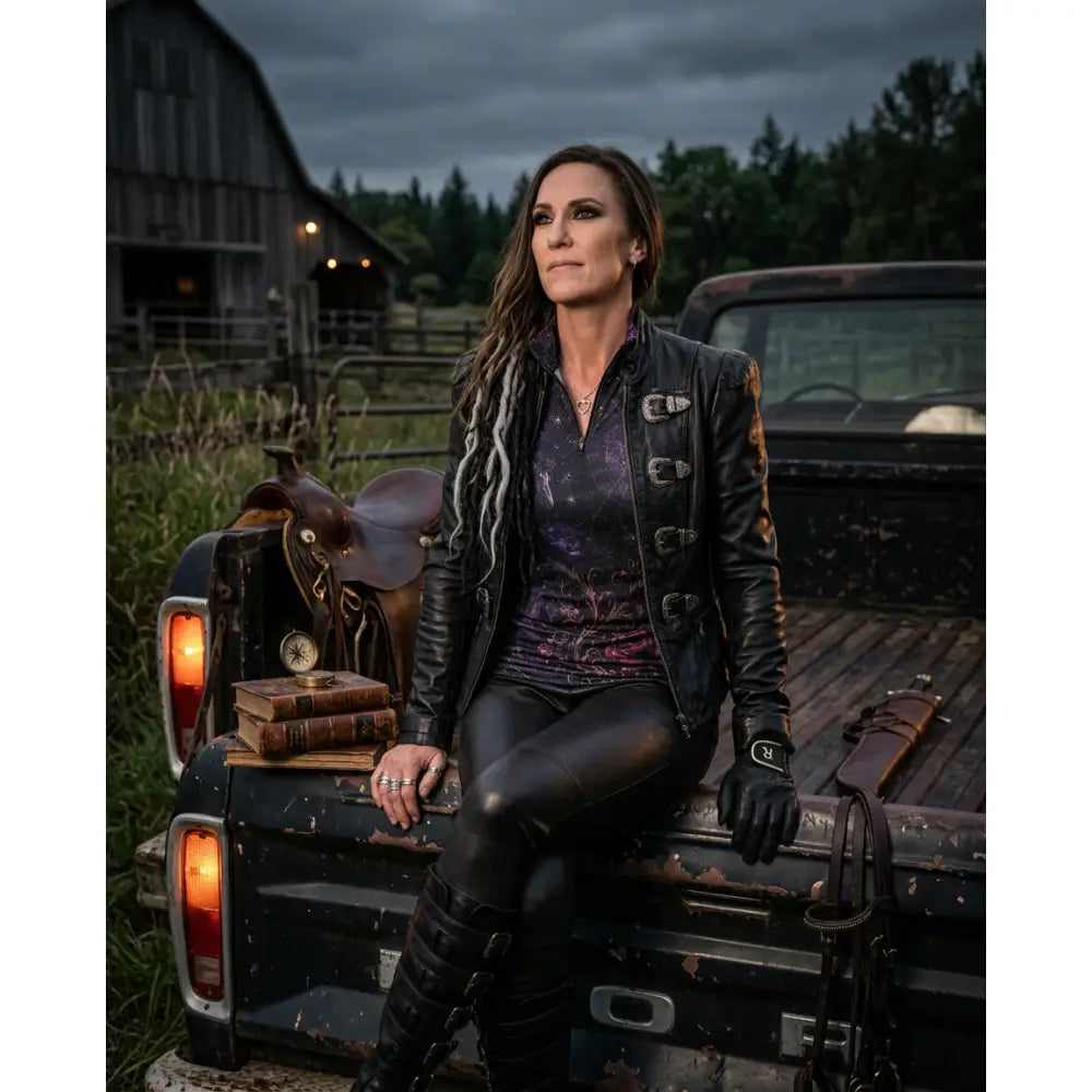 Black leather jacket with silver buckles and galaxy print lining from karen reinertson moonthorn nocturne collection