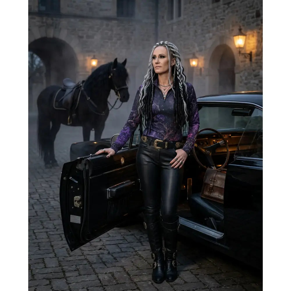 Woman wearing moonthorn nocturne purple patterned long-sleeve UPF50+ equestrian sun shirt by karen reinertson beside vintage car
