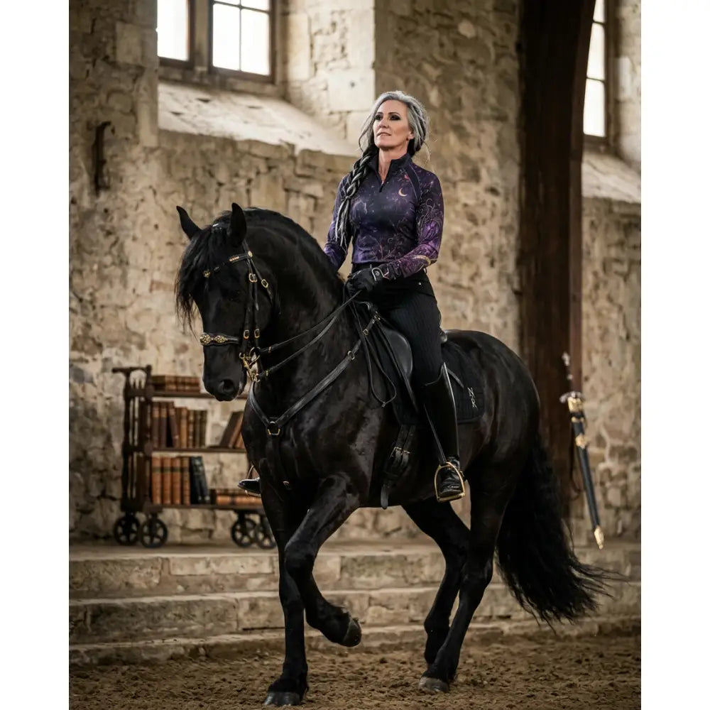 A woman with silver hair rides a black horse wearing the moonthorn nocturne purple celestial print upf50+ sun shirt by karen reinertson