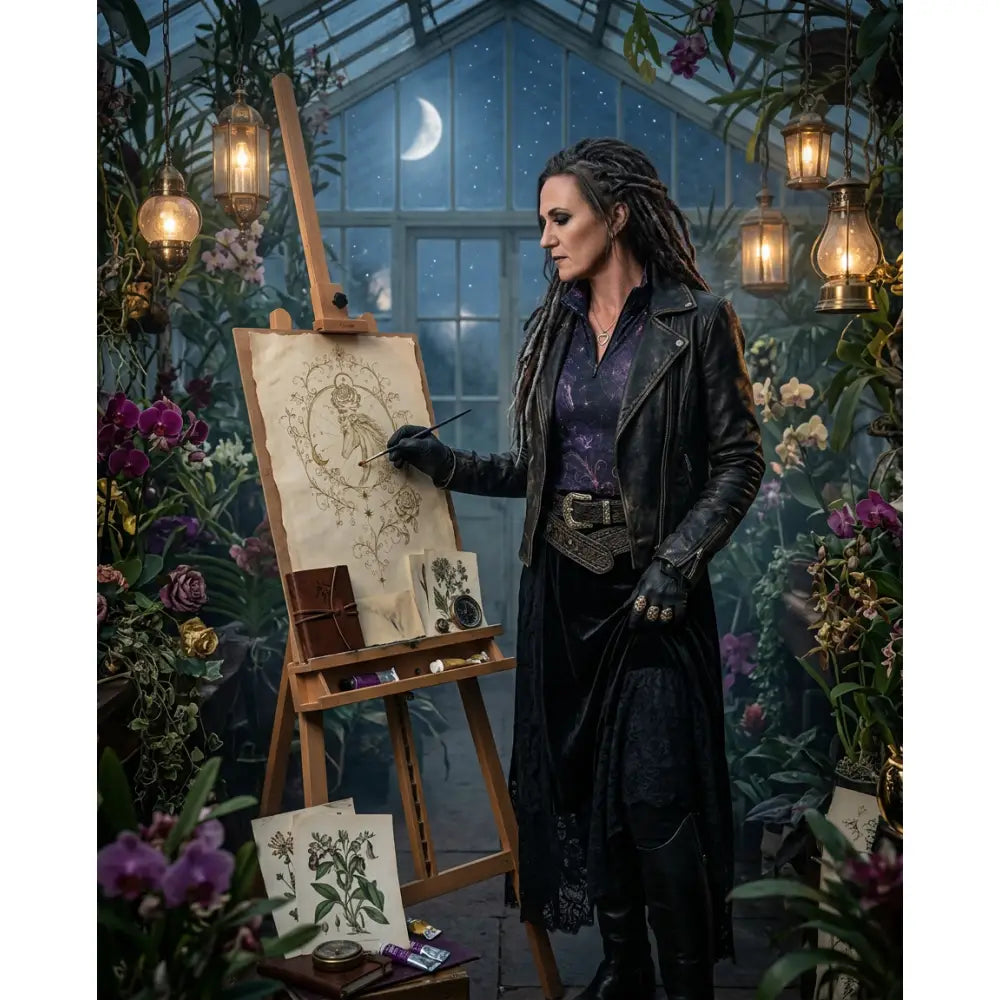 Black leather biker jacket with silver hardware and purple patterned lining featured with moonthorn nocturne shirt by karen reinertson
