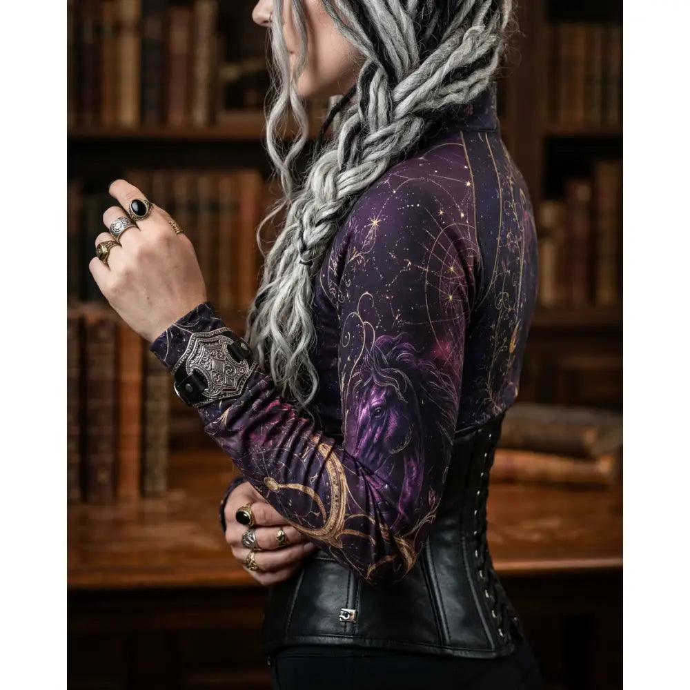 Purple long-sleeved moonthorn nocturne equestrian sun shirt with celestial unicorn and gold accents by karen reinertson