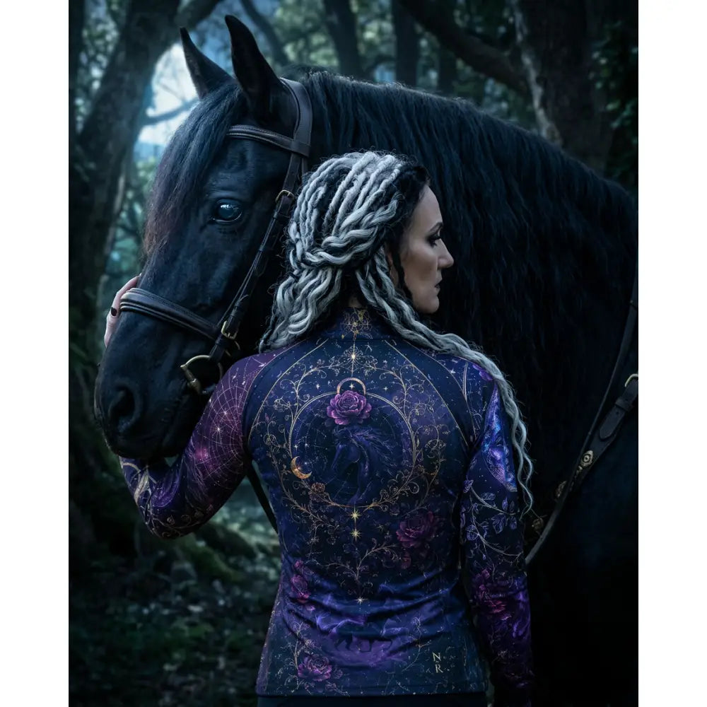 A woman wears a dark purple and black moonthorn nocturne equestrian sun shirt with celestial horse and rose print by karen reinertson