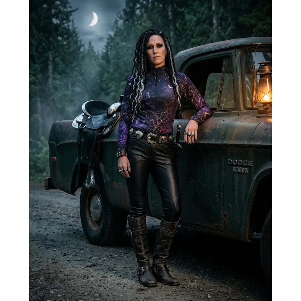 Purple and black long-sleeved moonthorn nocturne sun shirt by karen reinertson with celestial horse and rose print