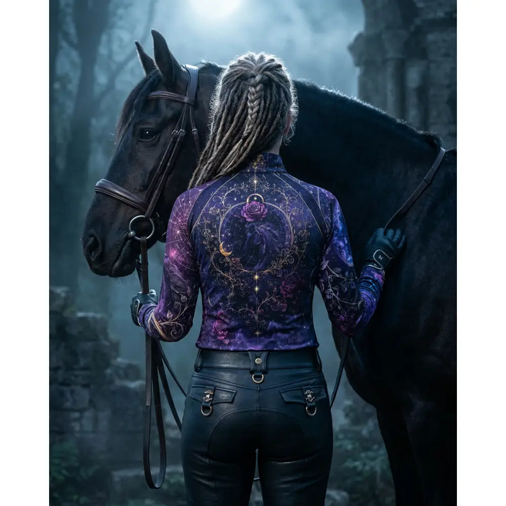 Purple and black long-sleeved moonthorn nocturne equestrian sun shirt with celestial horse and rose embroidery by karen reinertson