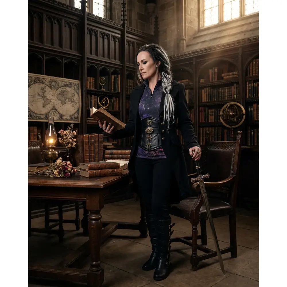 Black leather corset with silver buckles and ornate detailing featured in moonthorn nocturne by karen reinertson