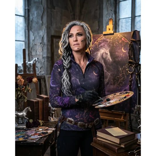 Karen Reinertson moonthorn nocturne purple galaxy long-sleeve zip-up sun shirt with celestial horse and rose print