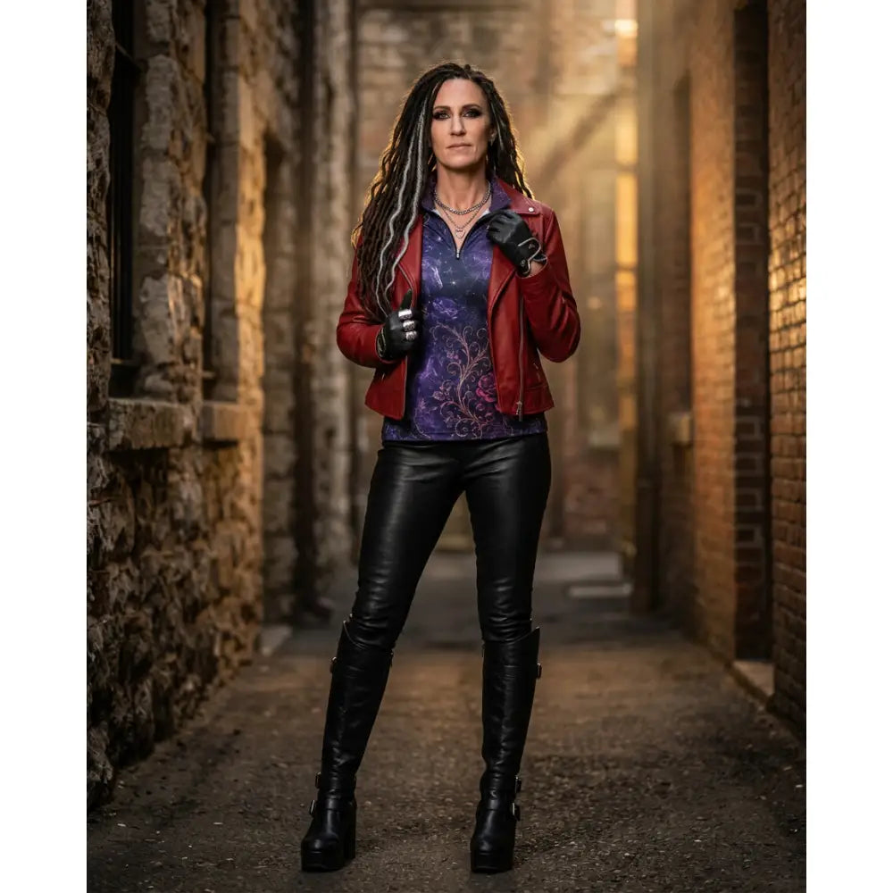 Red leather moto jacket paired with black gloves and boots featured with moonthorn nocturne equestrian sun shirt by karen reinertson