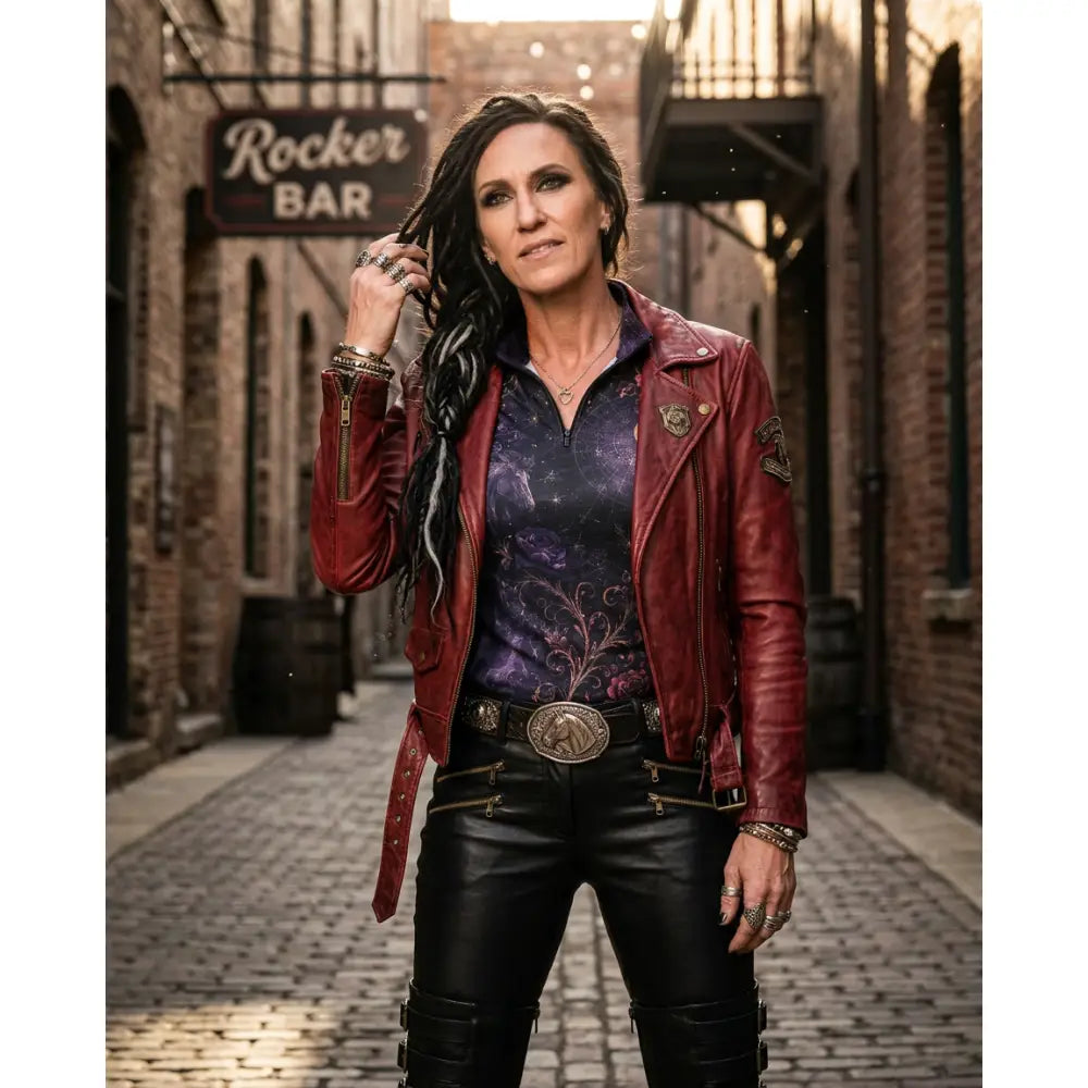 Red leather motorcycle jacket with silver zippers and embroidered patches by karen reinertson moonthorn nocturne