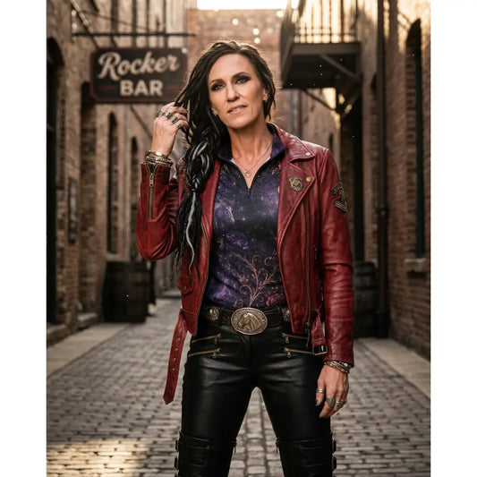 Red leather motorcycle jacket with silver zippers and embroidered patches by karen reinertson moonthorn nocturne
