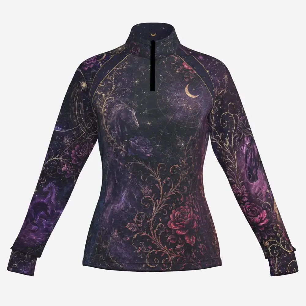 Moonthorn Nocturne long-sleeved dark purple and black zip-up equestrian sun shirt with gold and magenta celestial design