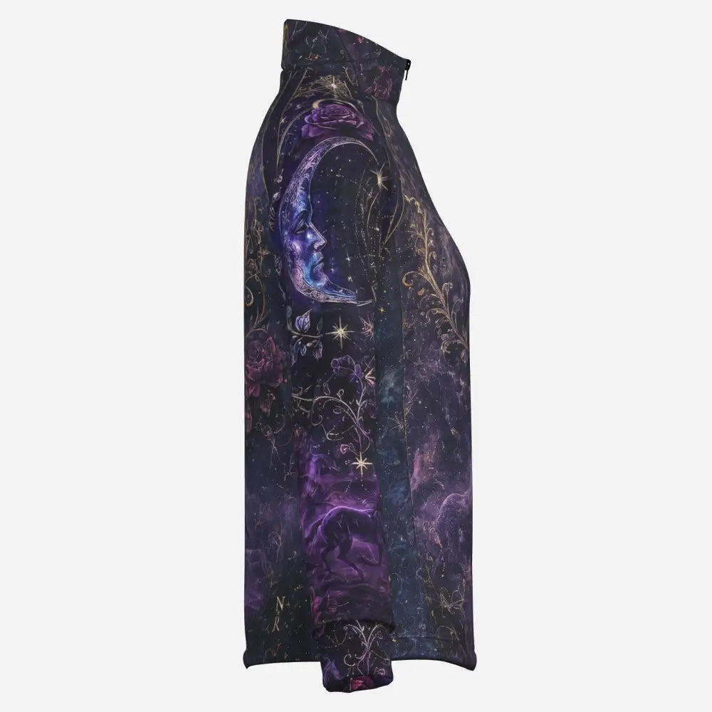 Dark purple and black zip-up equestrian sun shirt with celestial moon face stars roses and swirling patterns back view