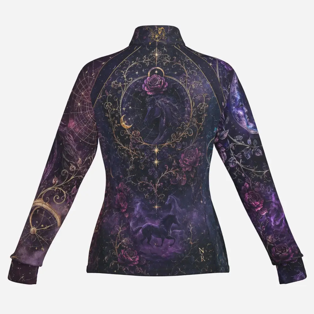 Moonthorn nocturne long-sleeved high-neck sun shirt in deep purples and blacks with celestial and equestrian design