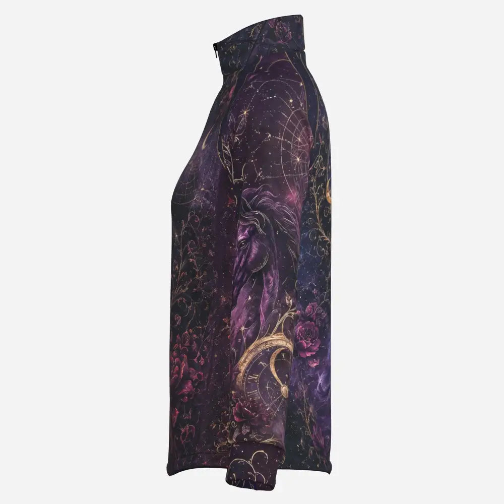 A dark purple moonthorn nocturne zip-up equestrian sun shirt with gold and pink unicorn and clock fantasy design