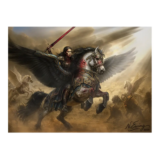 Fantasy Pegasus Fine Art Poster featuring a warrior riding a winged armored horse