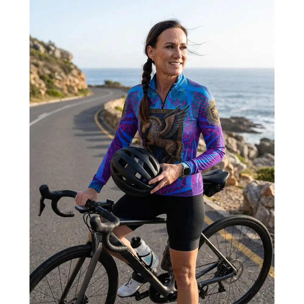 Vibrant blue and purple long-sleeved cycling jersey with detailed winged creature graphic upf50 plus sun protection