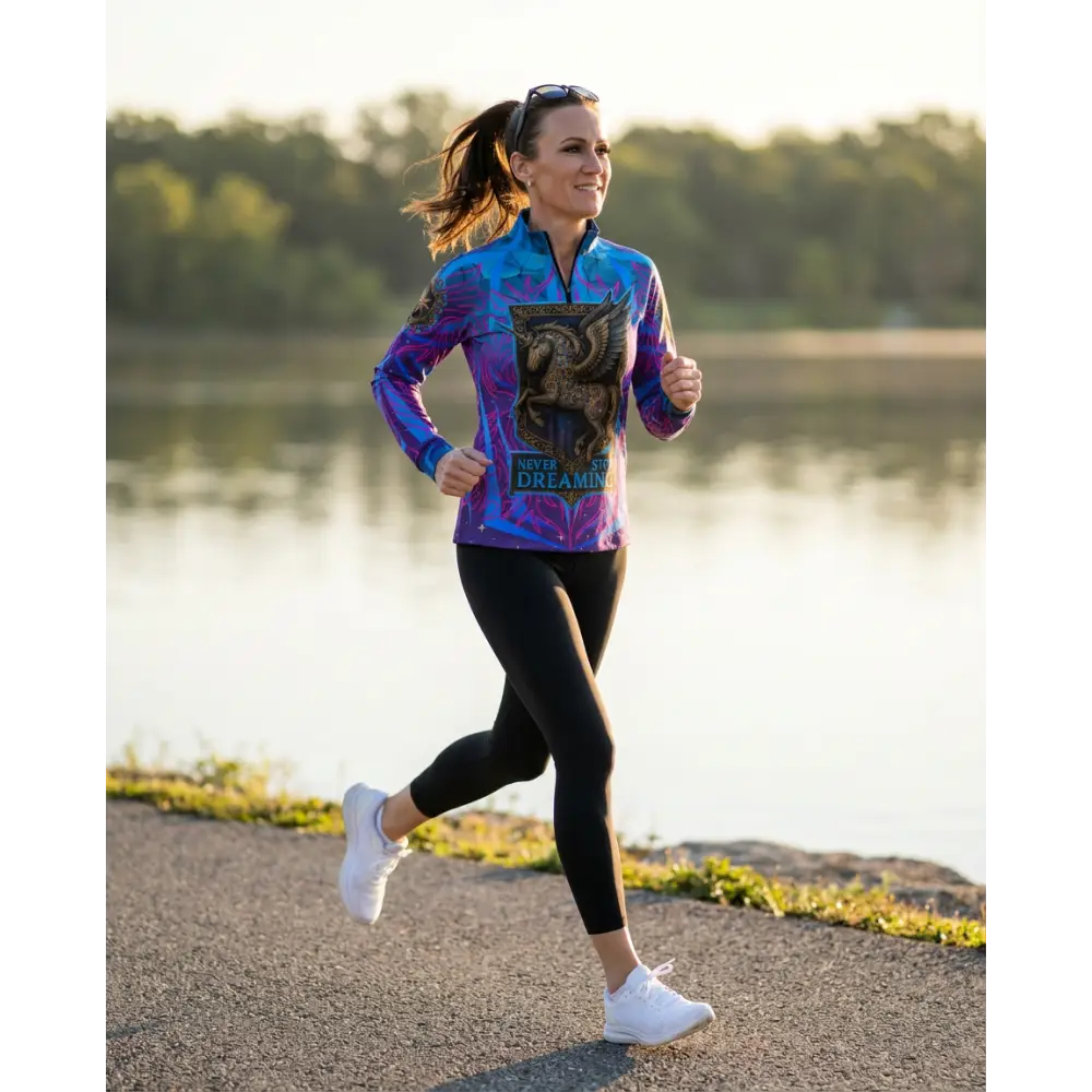 Never stop dreaming performance equestrian sun shirt upf50 plus long-sleeved purple and blue with black griffin graphic