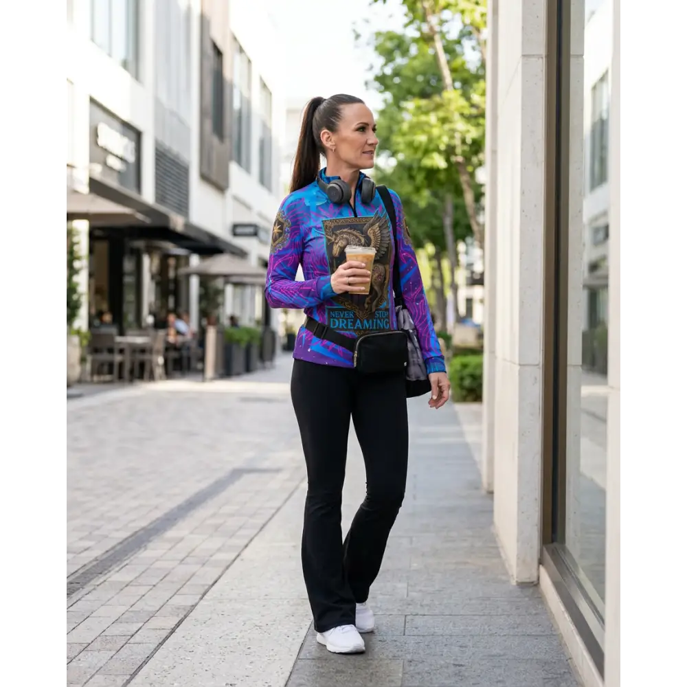 A vibrant purple and blue long-sleeved performance equestrian sun shirt with an owl holding a coffee cup graphic and UPF50+ protection