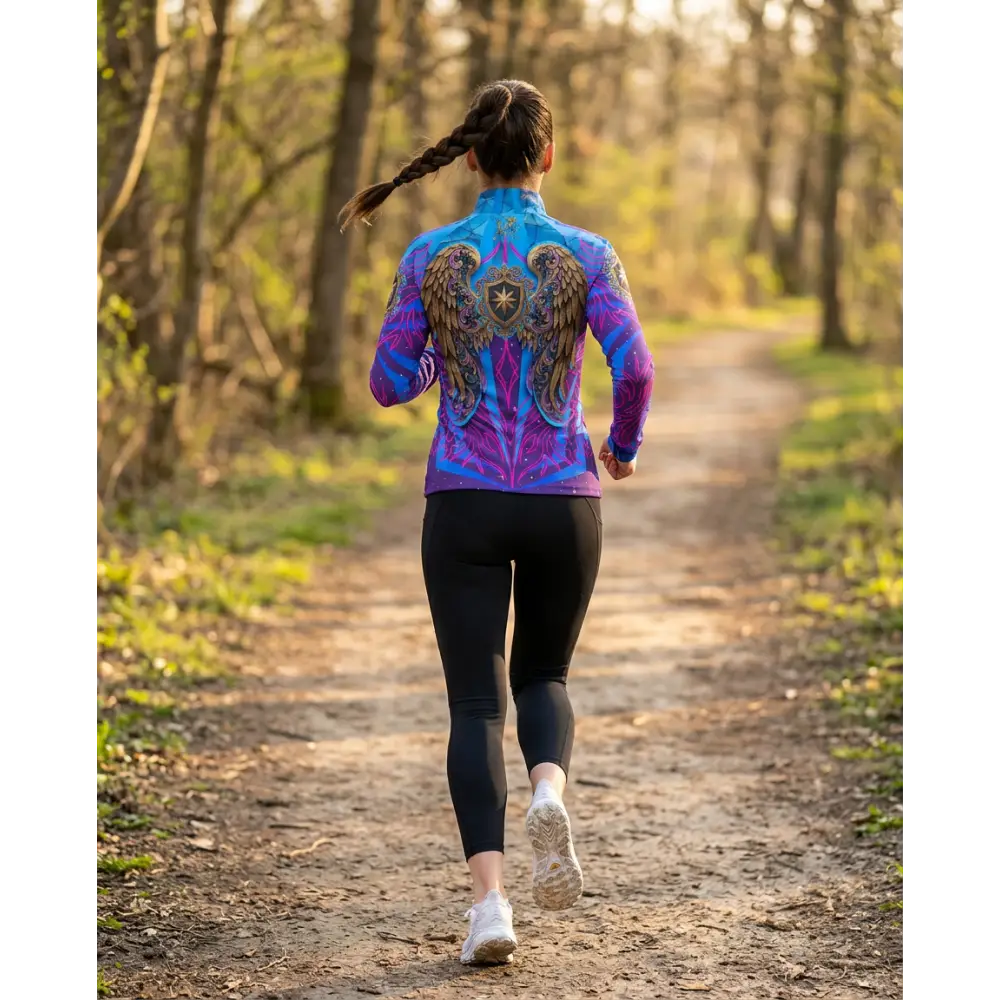 Back of a vibrant blue and purple long-sleeved performance equestrian sun shirt with a detailed winged emblem and upf50+ protection