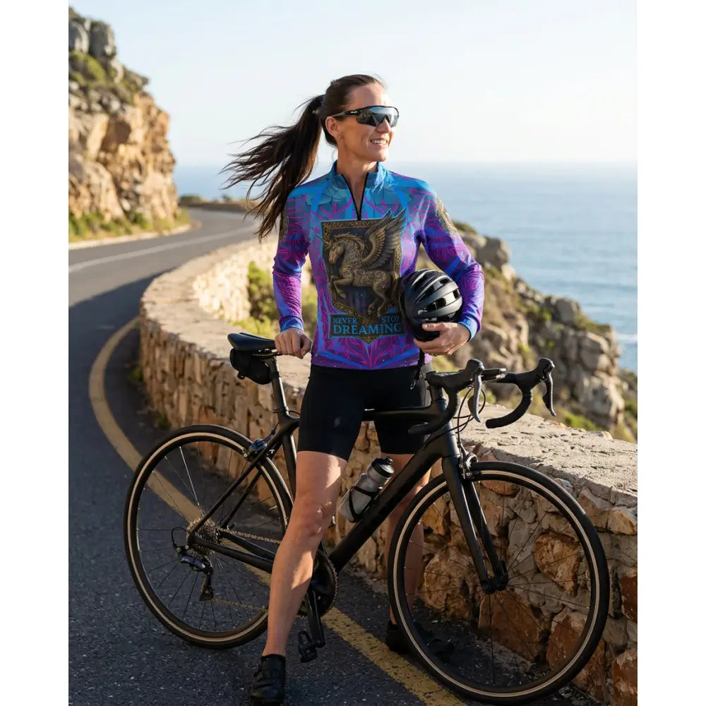 Vibrant purple and blue gradient equestrian sun shirt with golden griffin design for performance equestrian sun protection