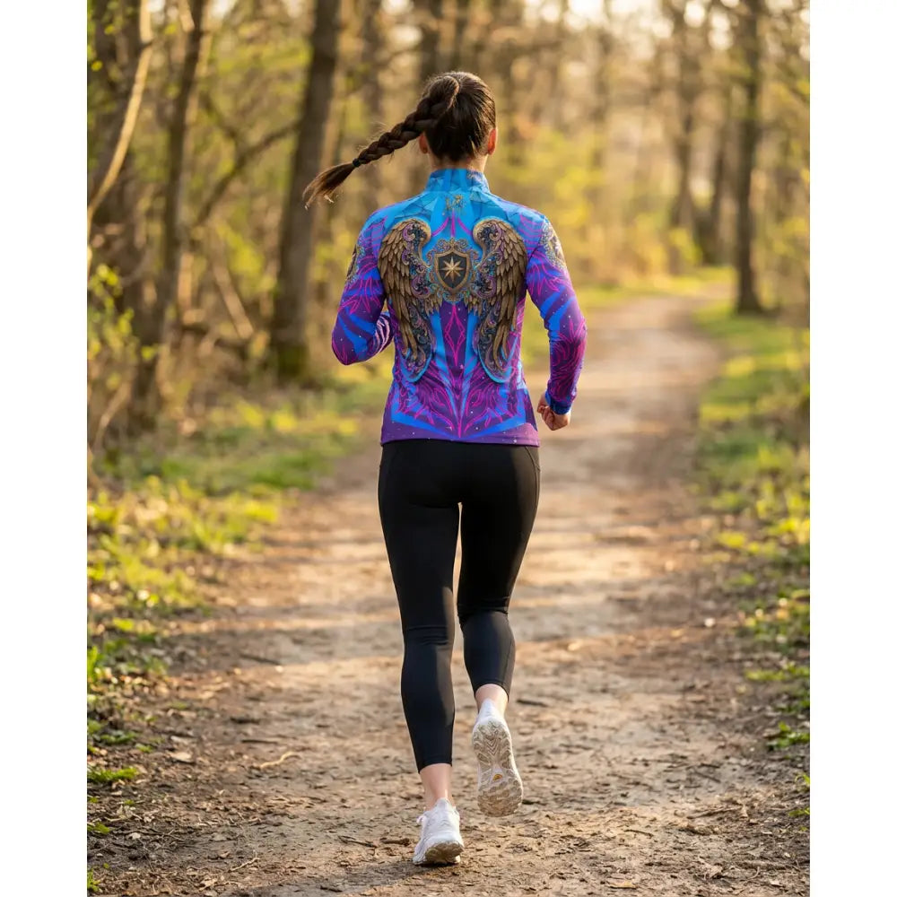 Back view of a vibrant blue and purple performance equestrian sun shirt with a detailed winged horse emblem and upf50+ protection