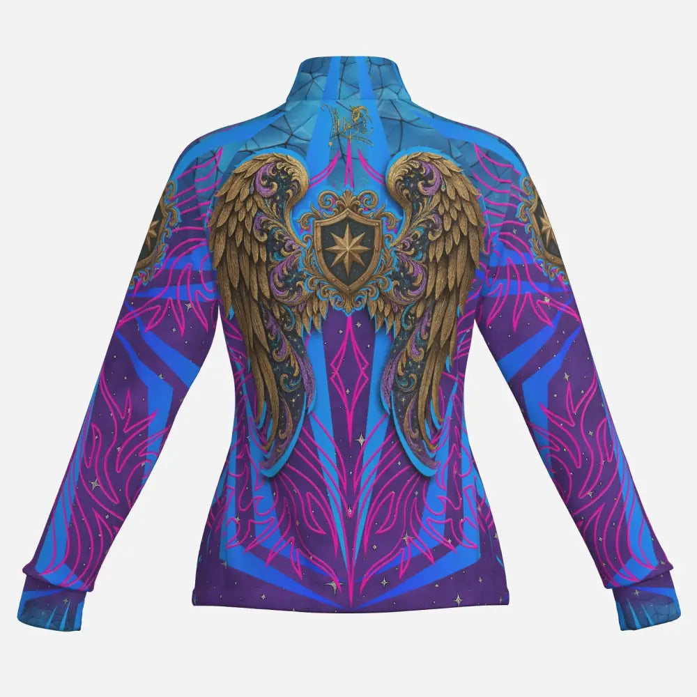 Vibrant blue and purple equestrian sun shirt with golden wings and shield design featuring stop dreaming print and upf50+ protection
