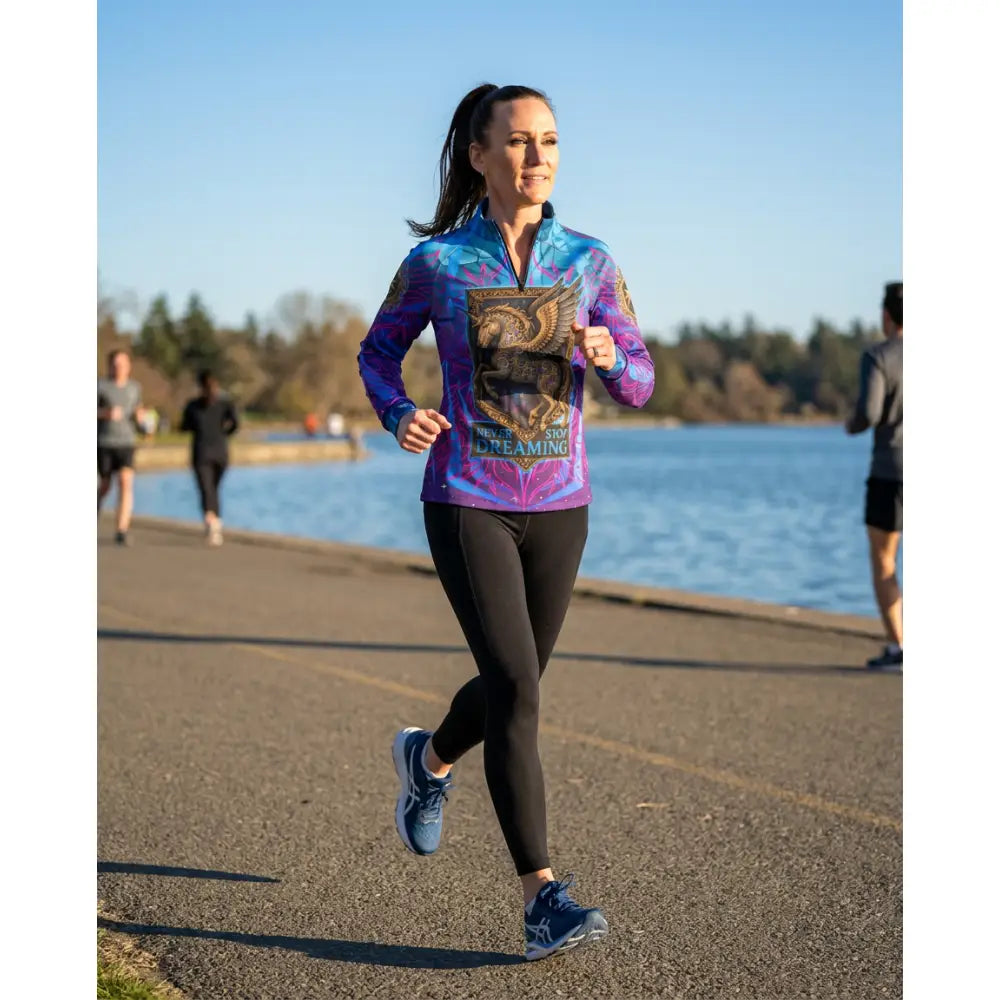 Never stop dreaming equestrian sun shirt with a purple blue gradient and ornate golden eagle for performance equestrian sun