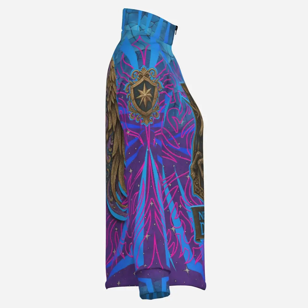 Never stop dreaming performance equestrian sun shirt with a blue purple gradient and golden wing starburst design