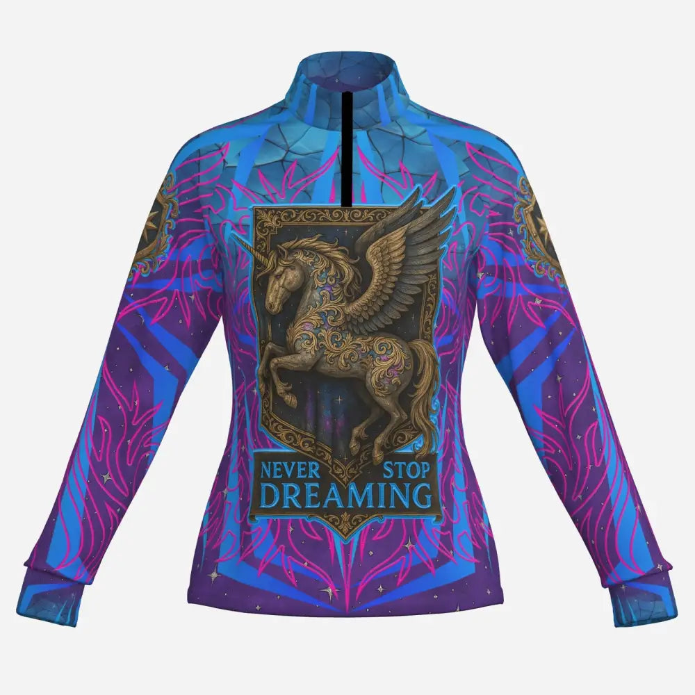 Vibrant blue and purple long-sleeved performance equestrian sun shirt with golden winged horse and stop dreaming text