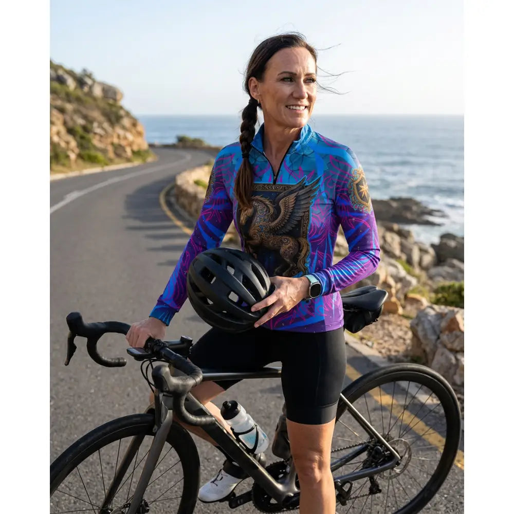 Vibrant blue and purple long-sleeved performance equestrian sun shirt with winged horse graphic and upf50+ protection