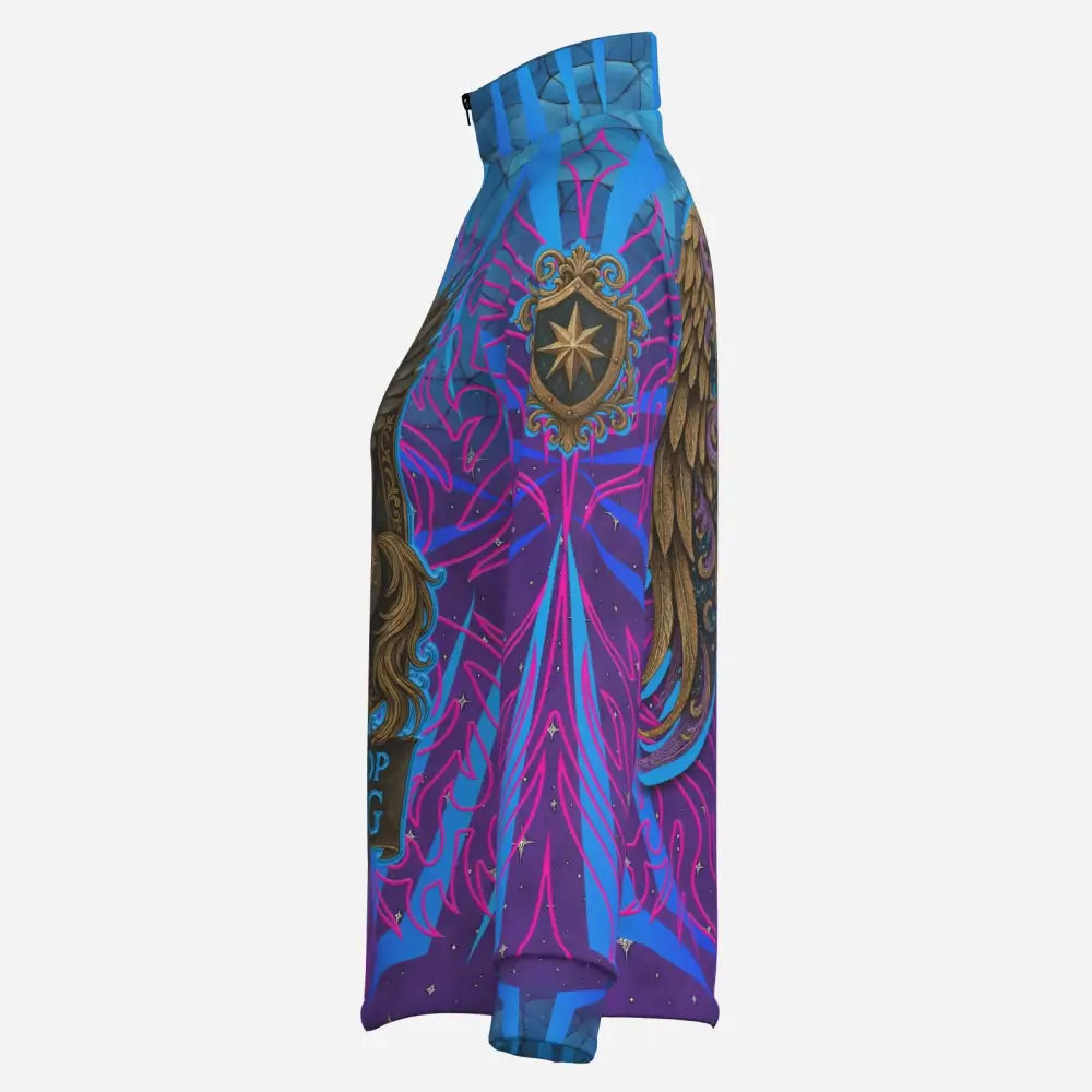 A vibrant electric blue and purple long-sleeved equestrian sun shirt with golden wings and stop dreaming graphic design