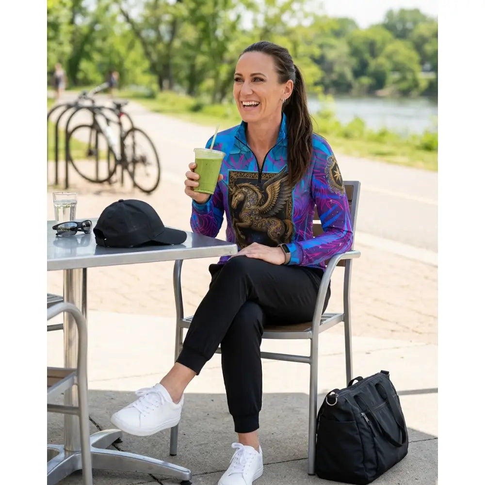 Vibrant blue and purple long-sleeved equestrian sun shirt with golden eagle graphic offering performance equestrian sun protection
