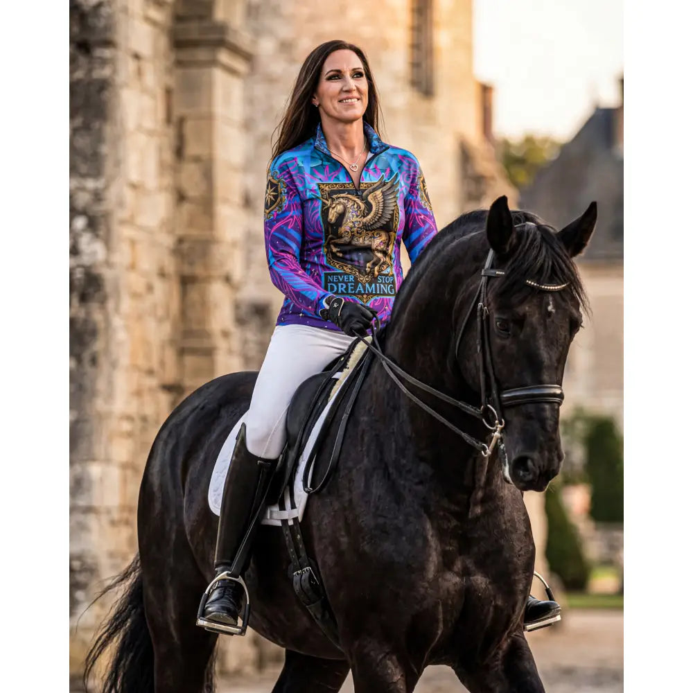 Never stop dreaming performance equestrian sun shirt with purple blue gradient and golden dragon graphic on chest