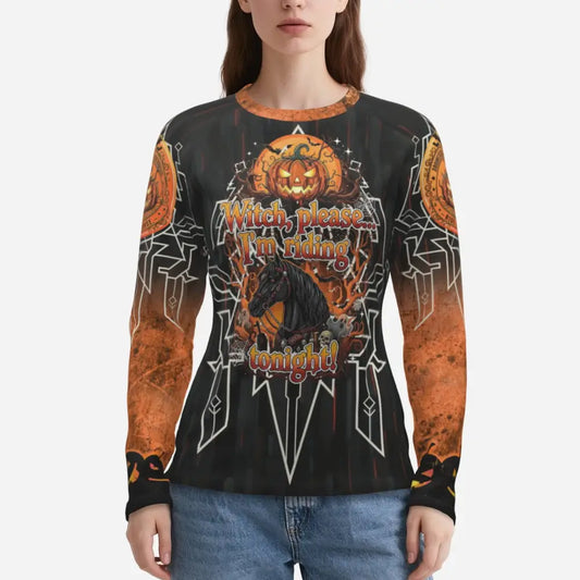 Women’s Halloween-themed long-sleeve shirt with pumpkin horse and Witch please phrase