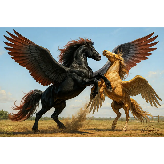 Obsidian Loui Clash of Wings Fantasy Pegasus Fine Art Poster showing two rearing winged horses